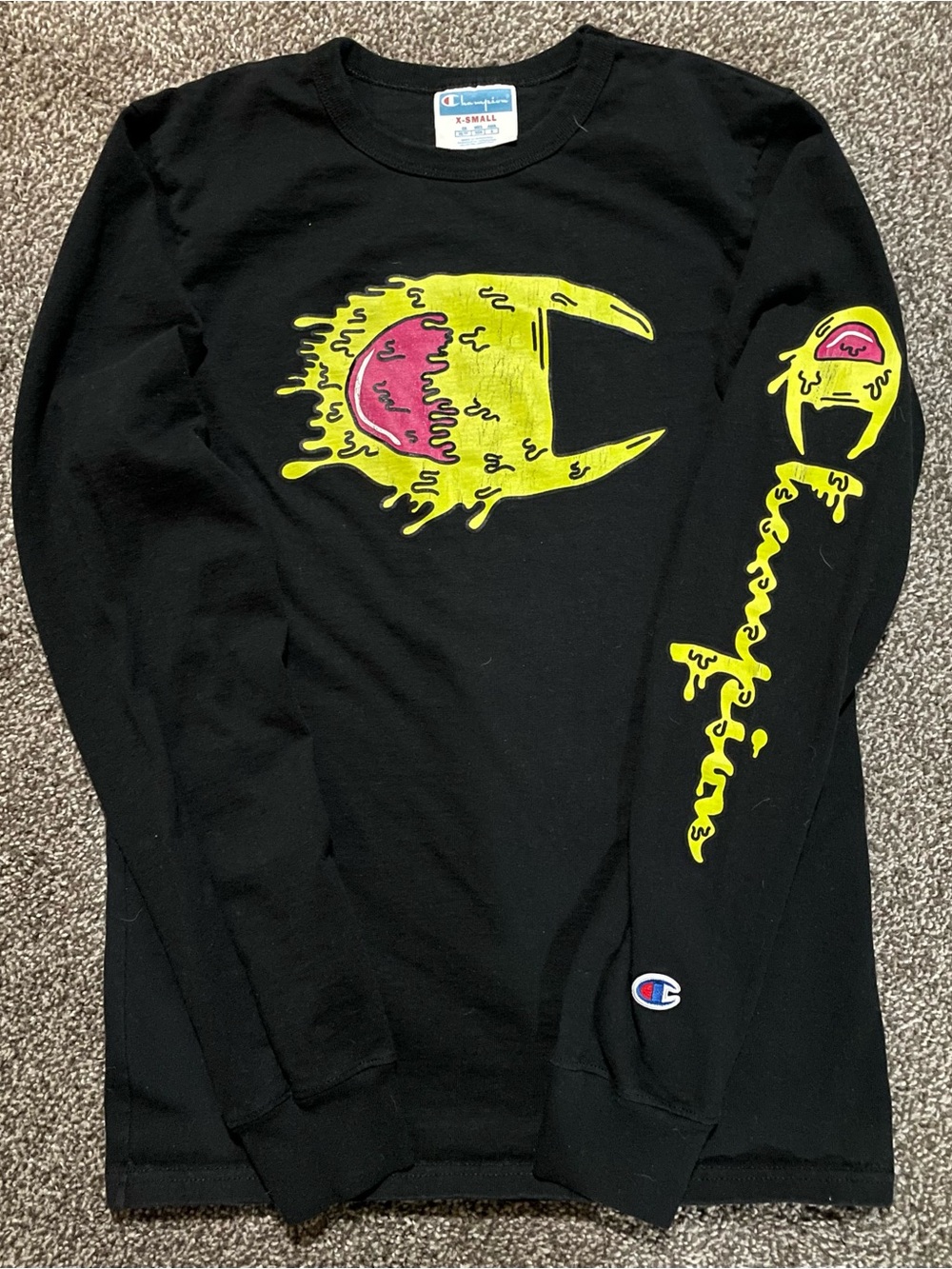Champion Black Long Sleeve Tee With Yellowish Green & Pink Drip Graphics